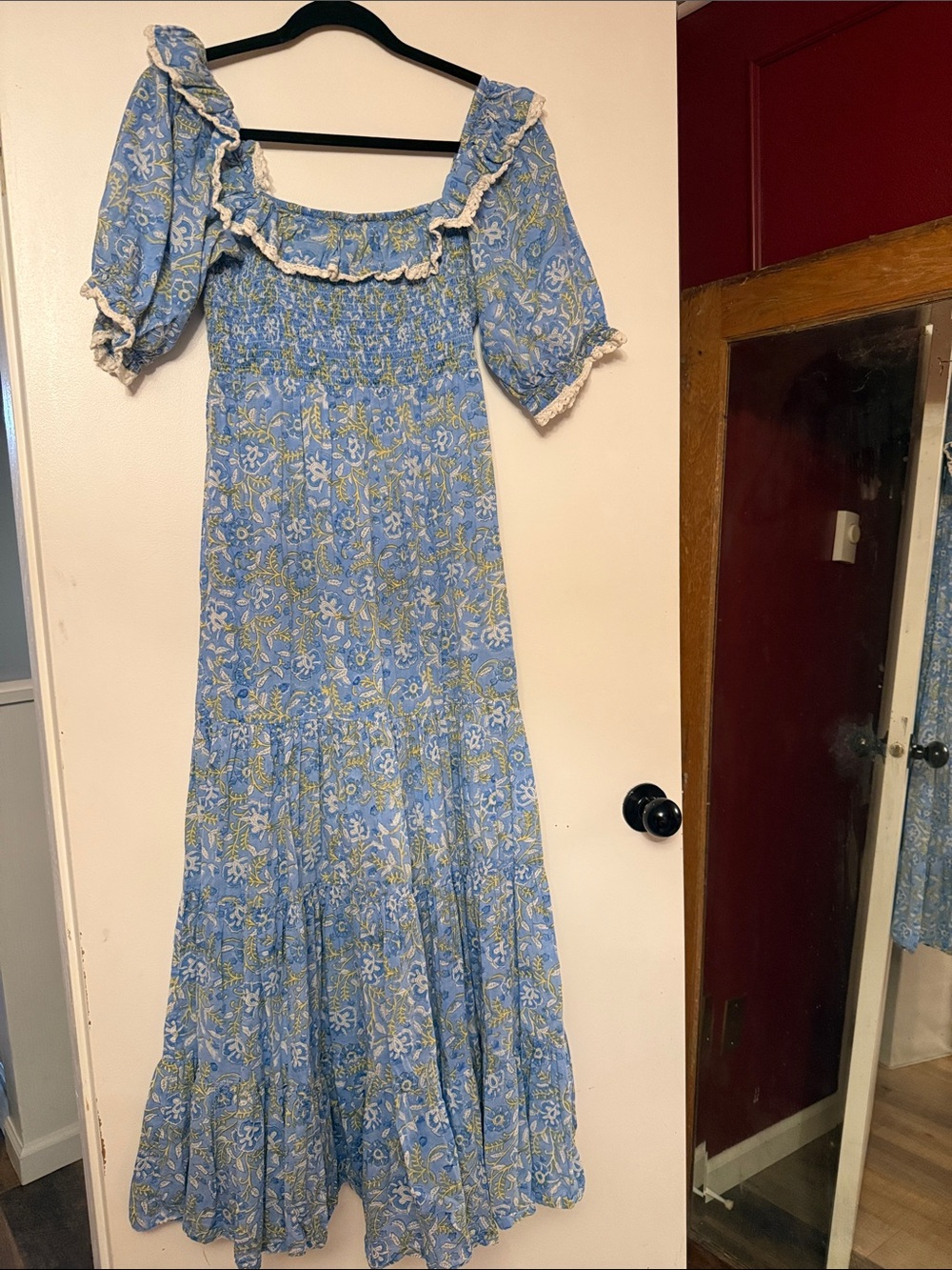 RIXO Blue Floral Ruffle Maxi Dress with Cream Trim